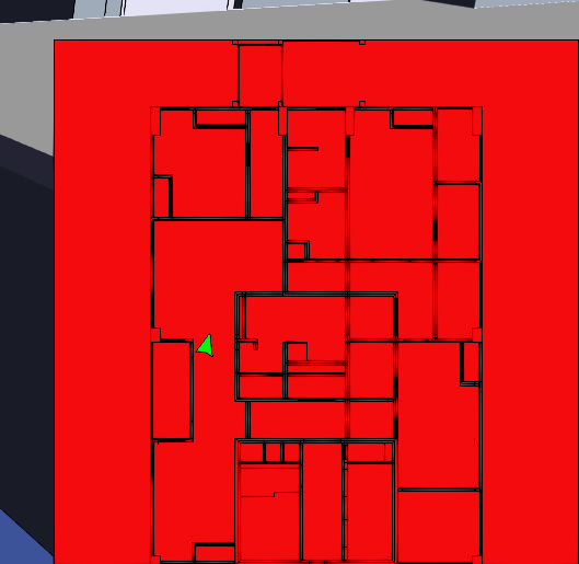 Image of a 2D floorplan in HOOPS Communicator, top-down view, green avatar positioned in a hallway with a red background.