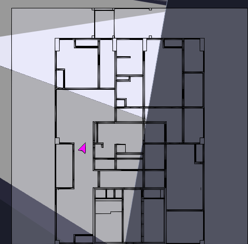 Image of a 2D floorplan in HOOPS Communicator, top-down view, pink avatar positioned in a hallway with a transparent background.