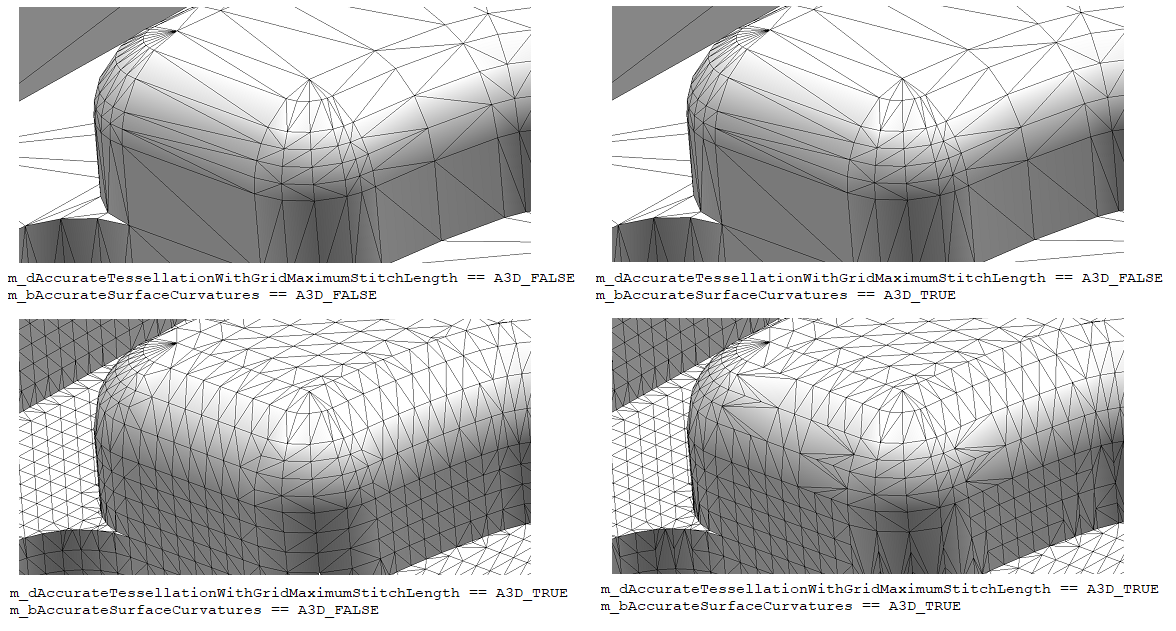 Comparing grid-based tessellation with or without constraints and surface curvature options