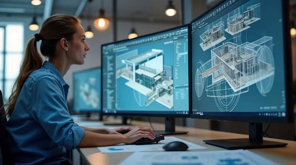 A woman at a multi-screen workstation