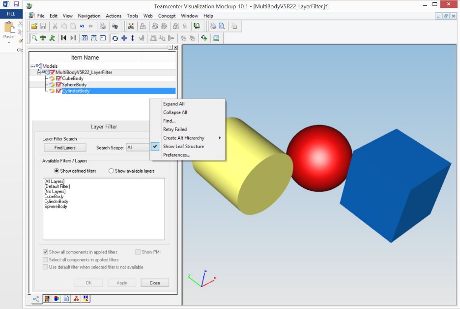 Teamcenter Visualization showing Layer Filters and 3D bodies