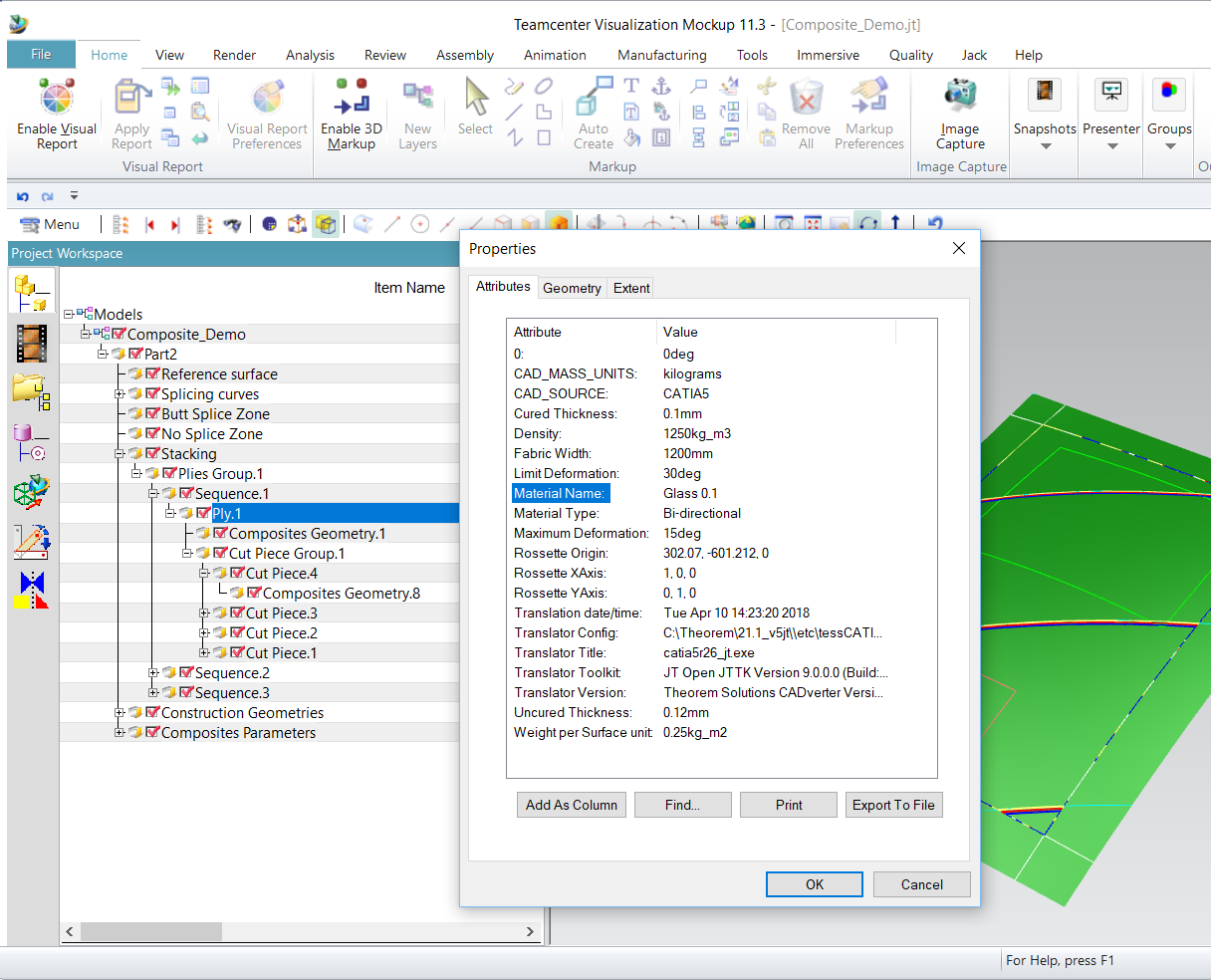 Composite manufacturing properties in JT