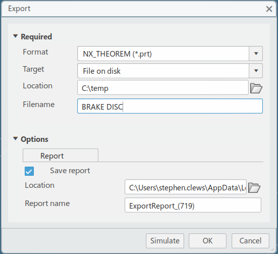 Export dialog box