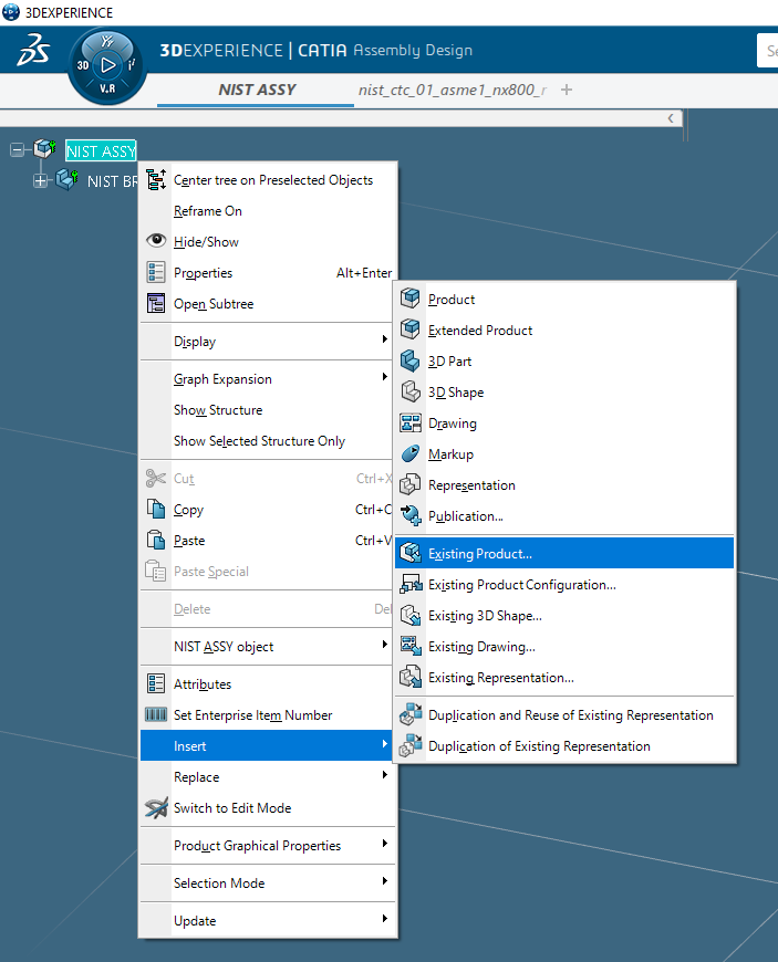 Insert > Existing Product menu