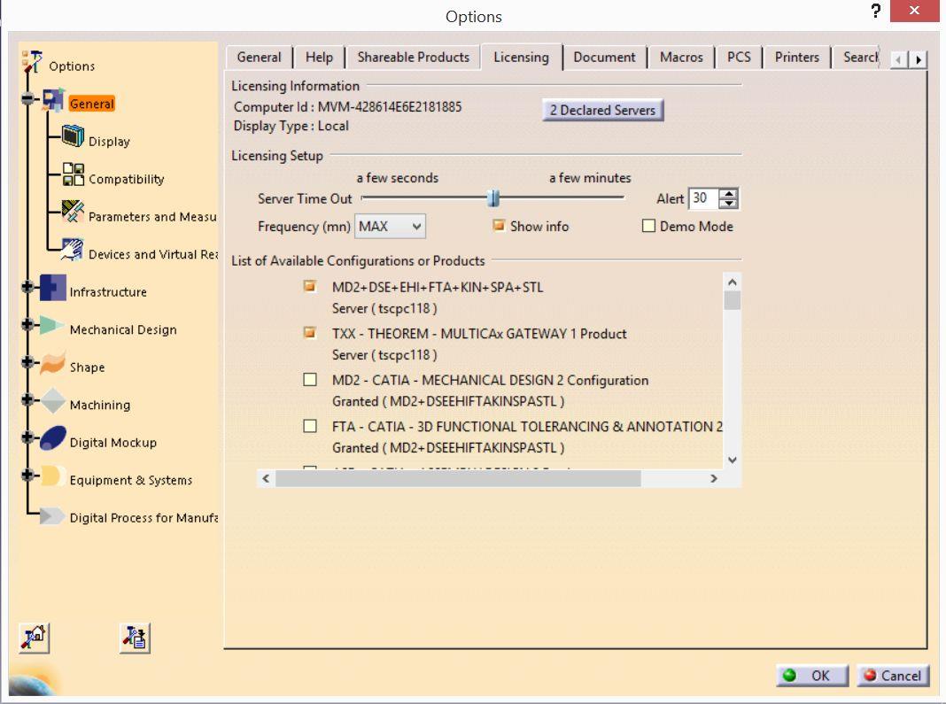 CATIA V5 Tools Options General Licensing panel