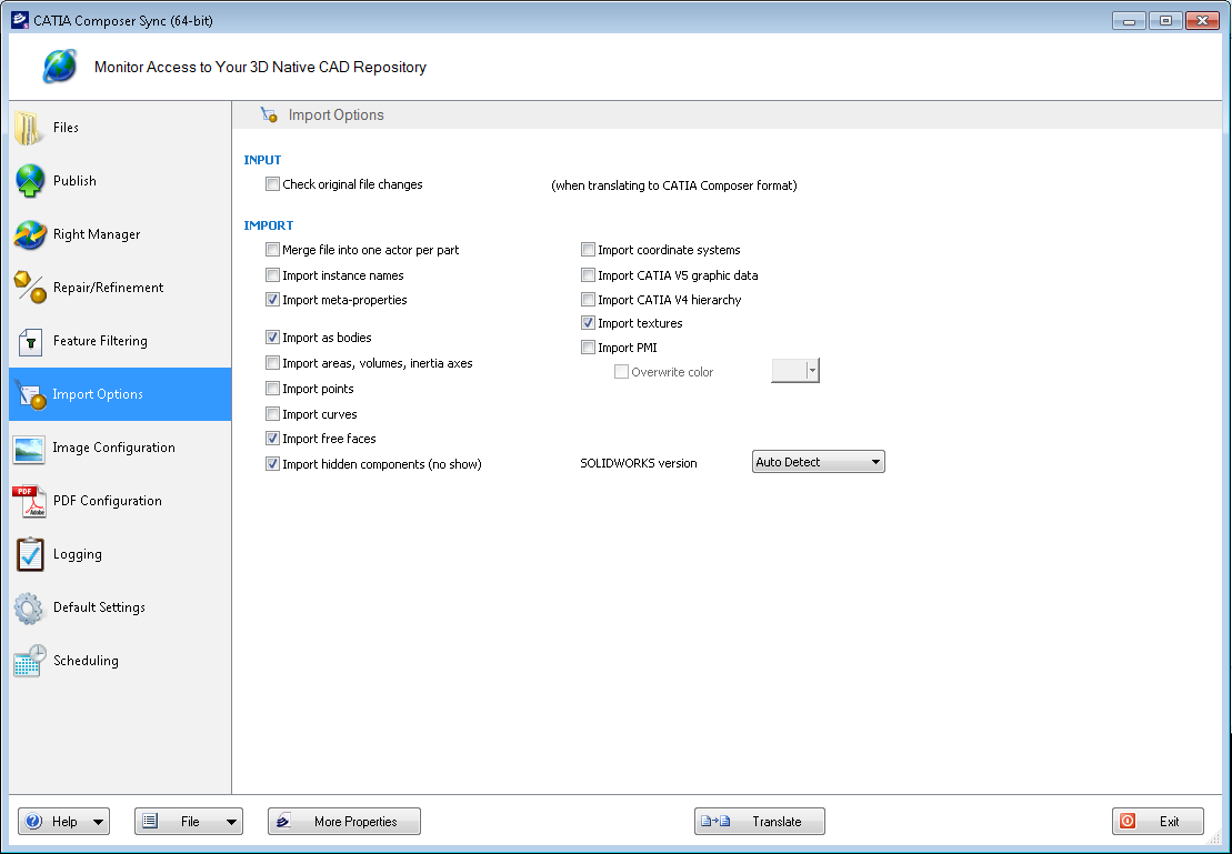 Using the Catia Composer Sync Product - Import Options