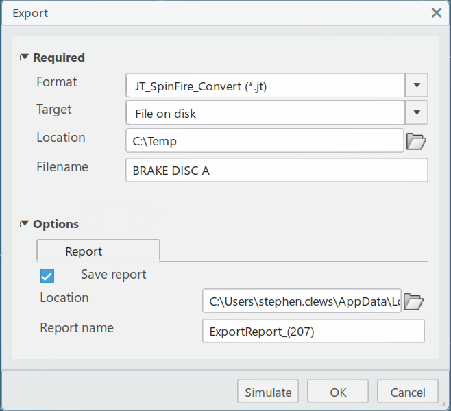 Export dialog box