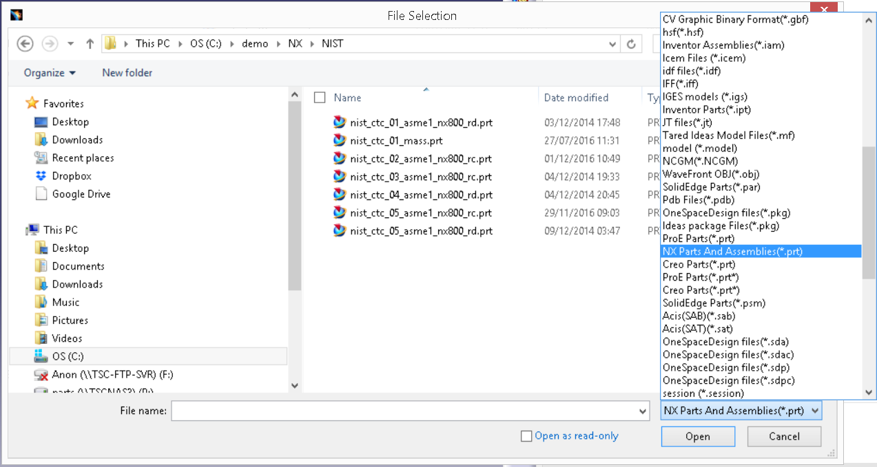 File Selection dialog showing NX Parts And Assemblies file type