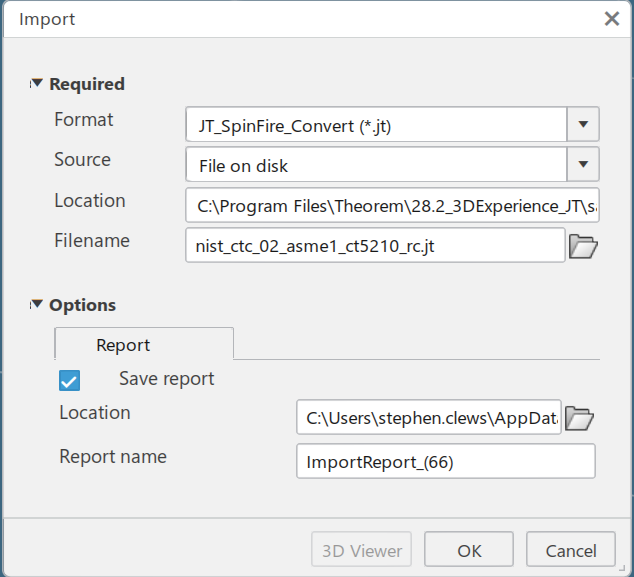 Import dialog box