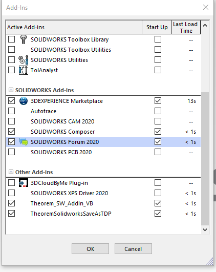 Add-Ins window with TheoremSolidworksSaveAsTDP