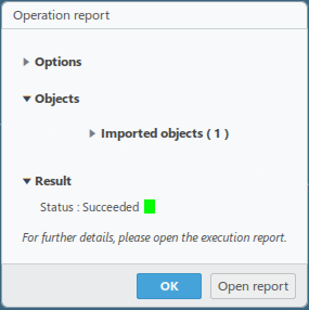 Operation report - Import Succeeded