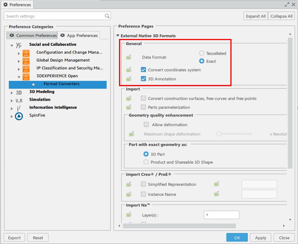 External Native 3D Formats preferences