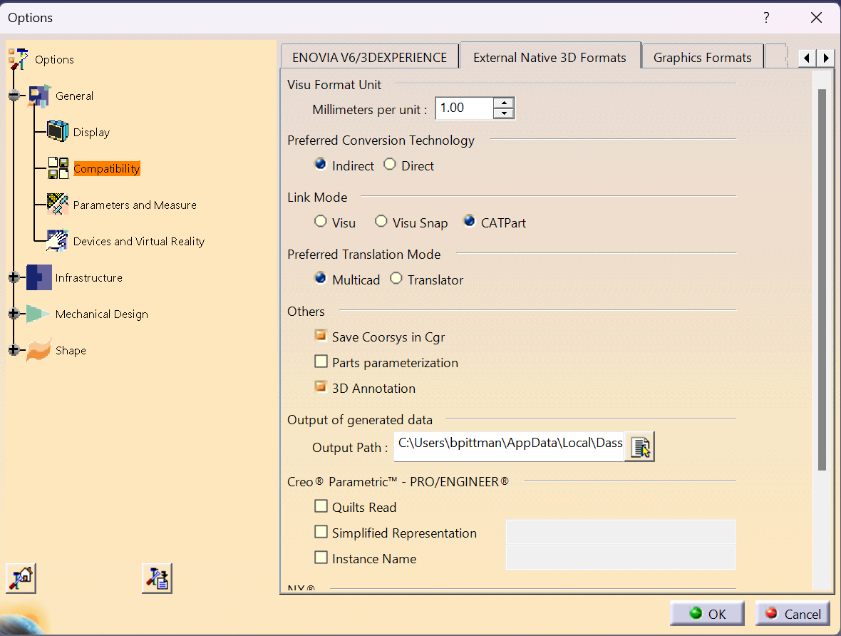 CATIA V5 Tools Options Compatibility External Formats page
