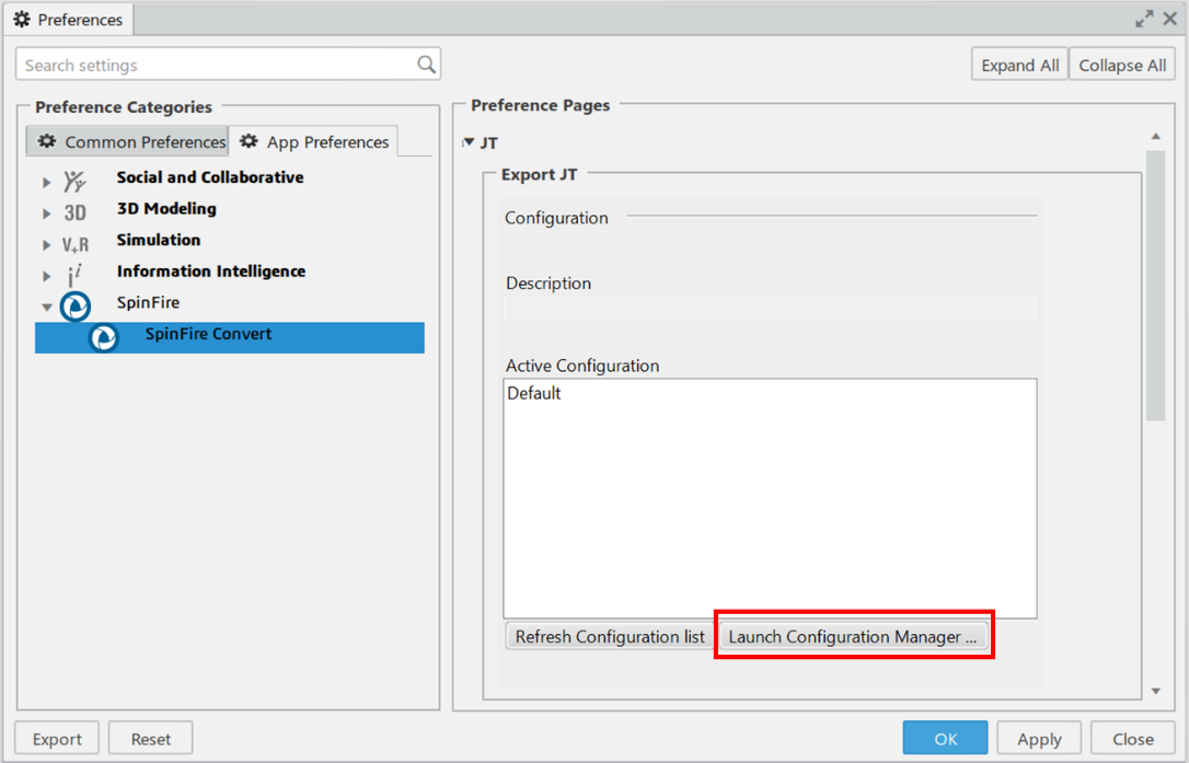 SpinFire Convert preferences - Export JT