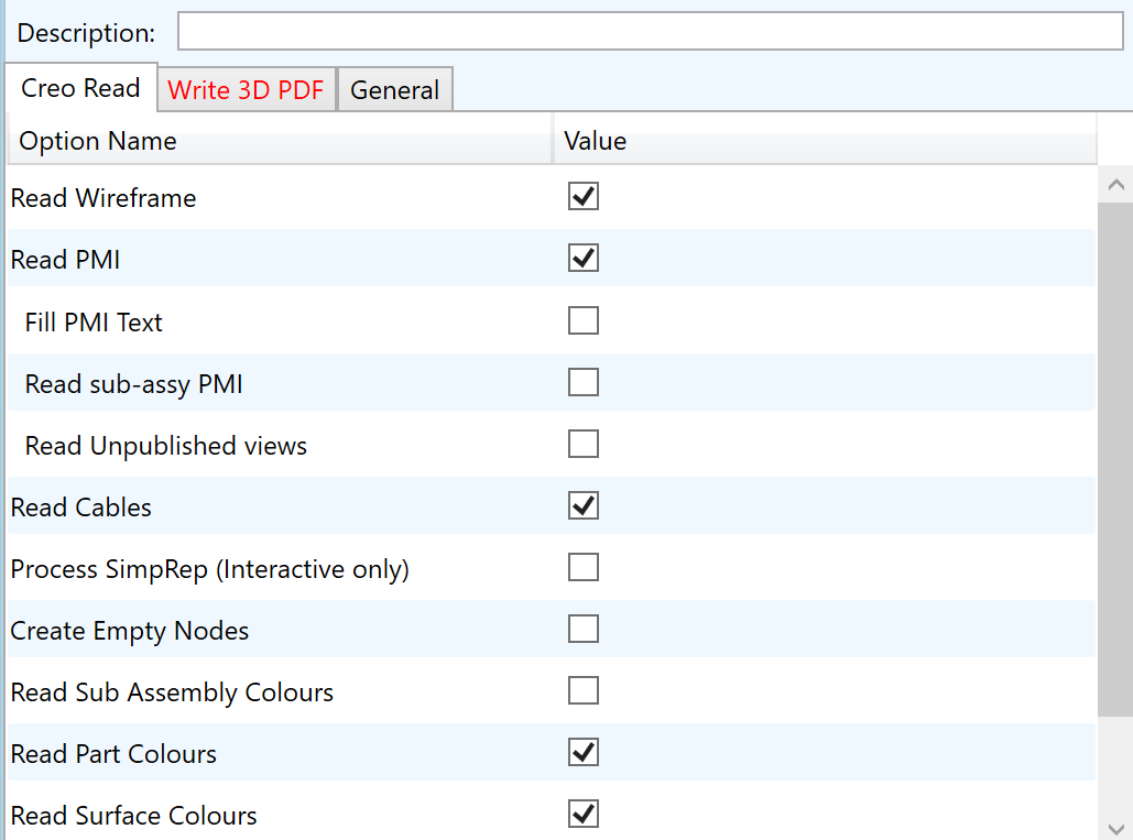 Creo Read arguments with default settings