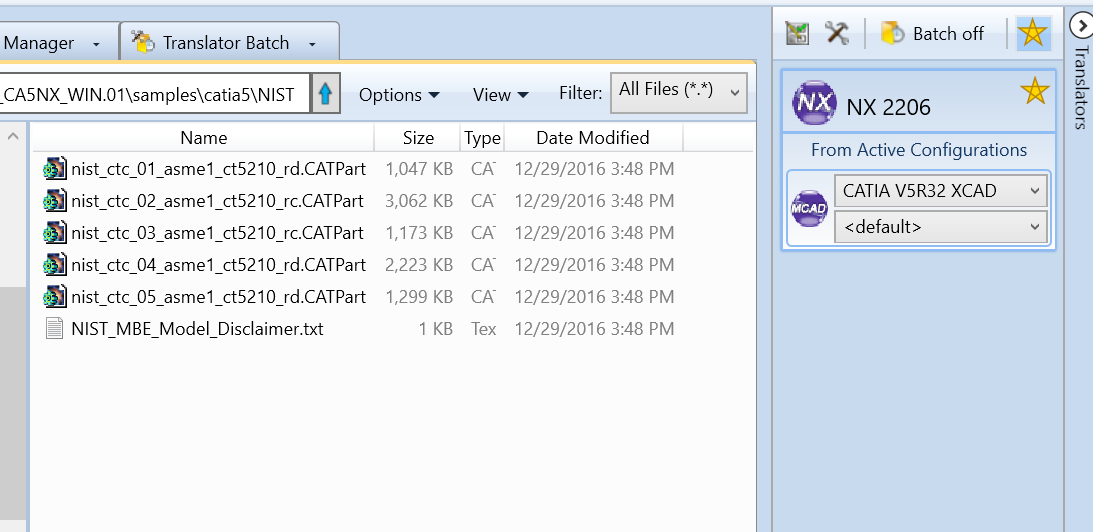 File browser with sample CATIA V5 files and NX active configuration