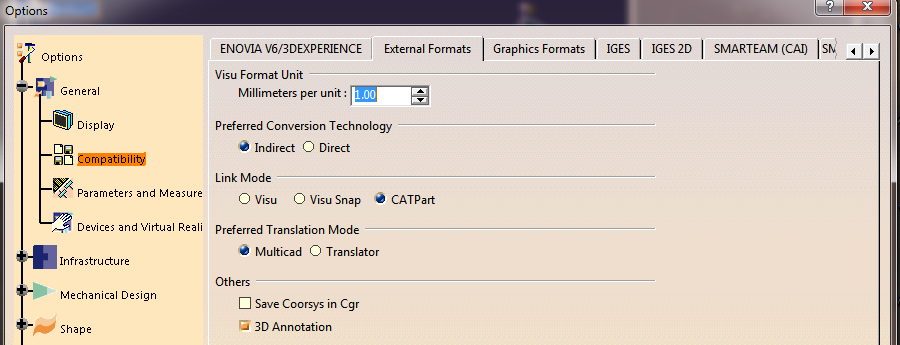 Using Link Mode CATPart — Options