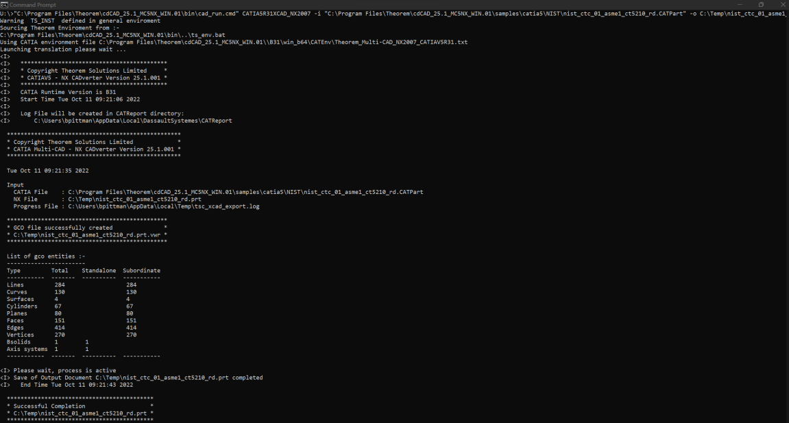 Translation terminal output showing successful completion