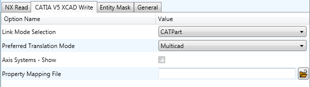 CATIA V5 XCAD Write tab in Configuration Manager