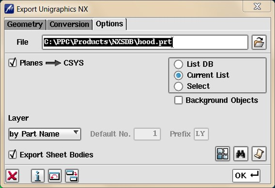 Export -- Options tab