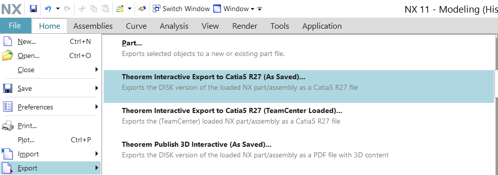 NX Export menu options