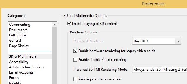 Adobe Reader 3D and Multimedia Preferences