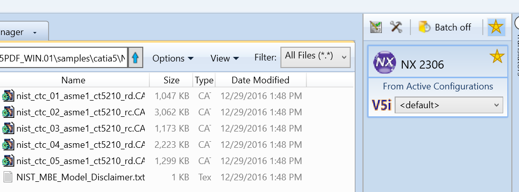 File browser with CATIA V5 sample files