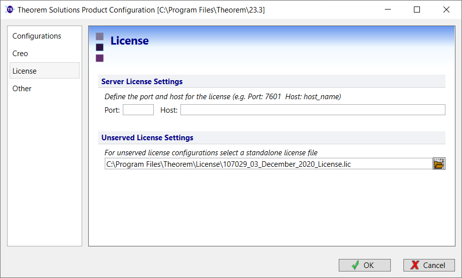 License Configuration window