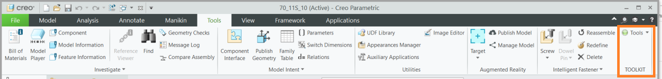 Creo Tools tab with Toolkit menu