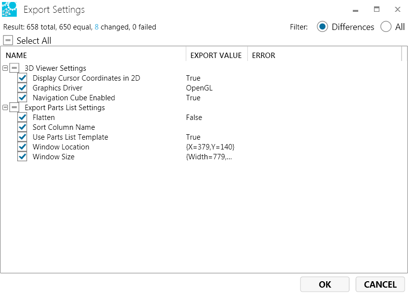 Export settings dialog