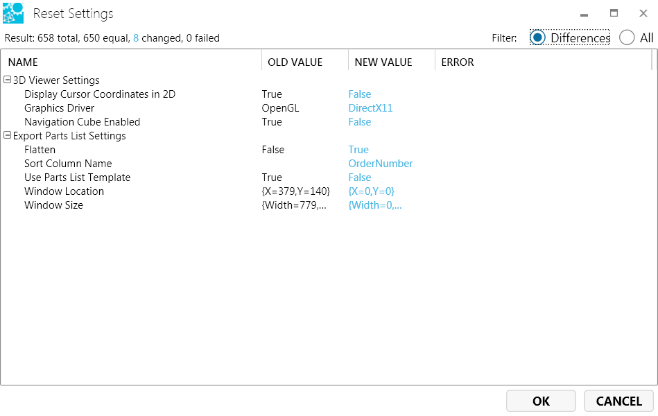 Reset settings dialog