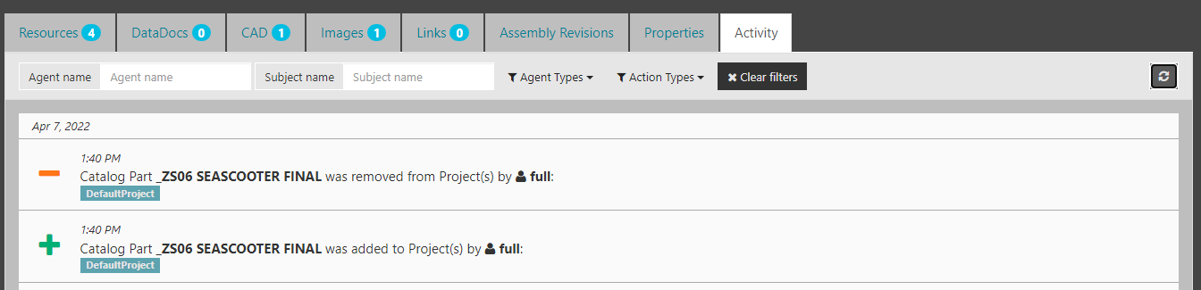 Part Project Activity Logging — SpinFire Manage documentation