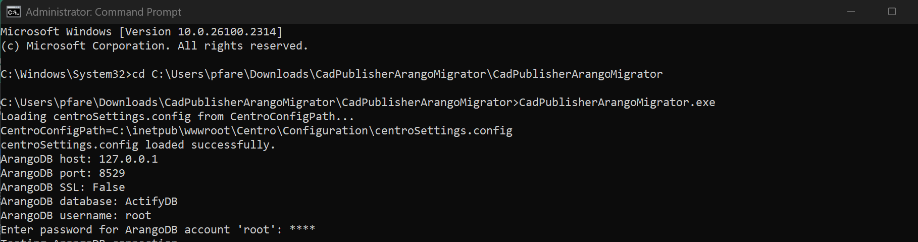 Entering ArangoDB password