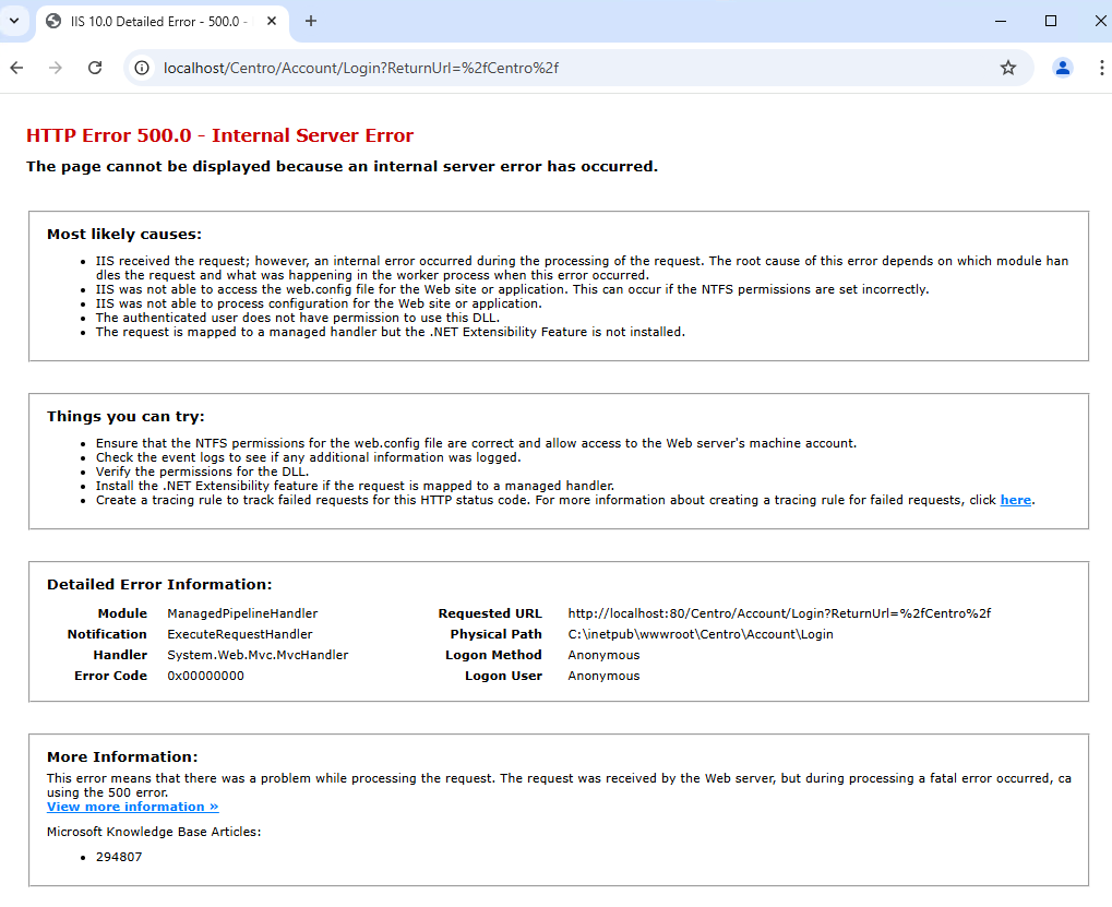 HTTP Error 500.0